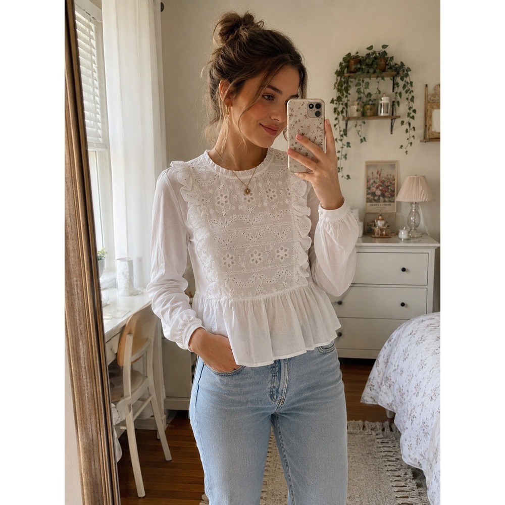 NEW Blue Rain Women White Cotton Eyelet Ruffle Peplum Blouse Small Claudey